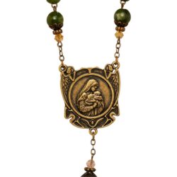 Handcrafted Irish rosary beads with Connemara marble and white glass. Antique bronze tone over brass with Our Lady & Child 