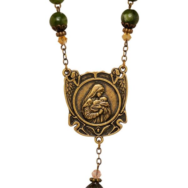 Handcrafted Irish rosary beads with Connemara marble and white glass. Antique bronze tone over brass with Our Lady & Child "Eternal Love" centerpiece.