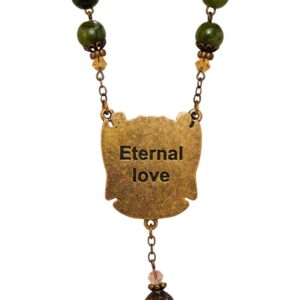 Handcrafted Irish rosary beads with Connemara marble and white glass. Antique bronze tone over brass with Our Lady & Child "Eternal Love" centerpiece.