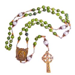 Handcrafted Irish rosary beads with Connemara marble and white glass. Antique bronze tone over brass with Our Lady & Child 
