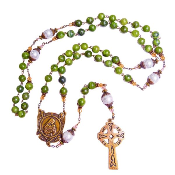 Handcrafted Irish rosary beads with Connemara marble and white glass. Antique bronze tone over brass with Our Lady & Child "Eternal Love" centerpiece.