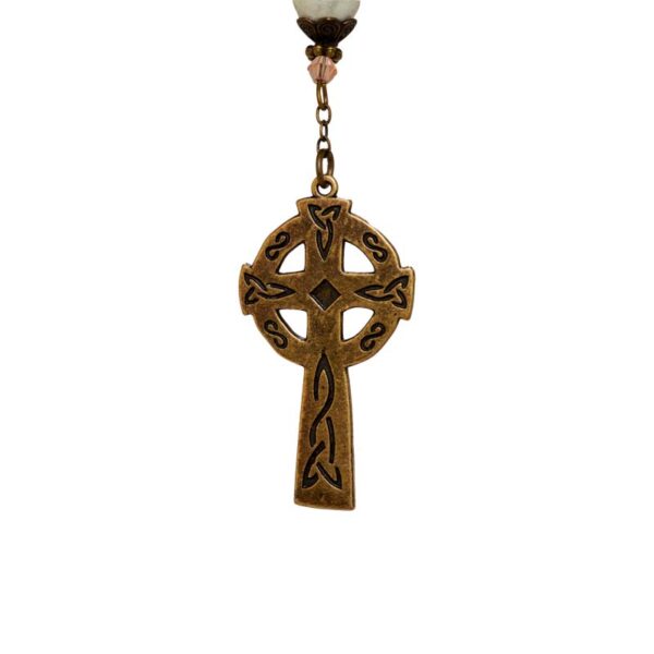 Handcrafted Irish rosary beads with Connemara marble and white glass. Antique bronze tone over brass with Our Lady & Child "Eternal Love" centerpiece.