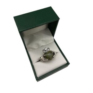 Claddagh ring hand crafted in Ireland with genuine Connemara Marble topped with a white topaz gemstone and set within hallmarked sterling silver.