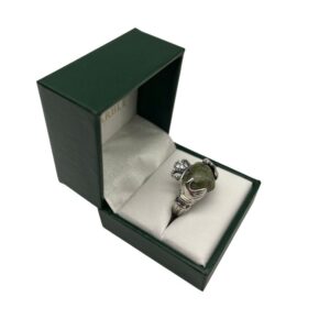 Claddagh ring hand crafted in Ireland with genuine Connemara Marble topped with a white topaz gemstone and set within hallmarked sterling silver.