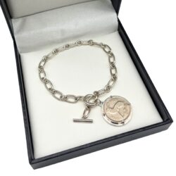 Silver Irish thrupenny coin bracelet with T-bar clasp. Hand crafted in Ireland featuring the classic hare design on a genuine collectible Irish coin pendant.