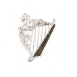 Irish Harp Silver Brooch with genuine Connemara Marble. Handcrafted in Ireland, this timeless piece blends Celtic heritage and natural beauty.