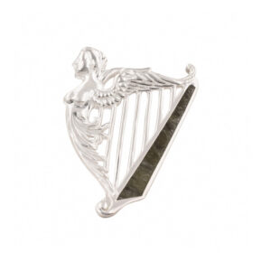 Irish Harp Silver Brooch with genuine Connemara Marble. Handcrafted in Ireland, this timeless piece blends Celtic heritage and natural beauty.