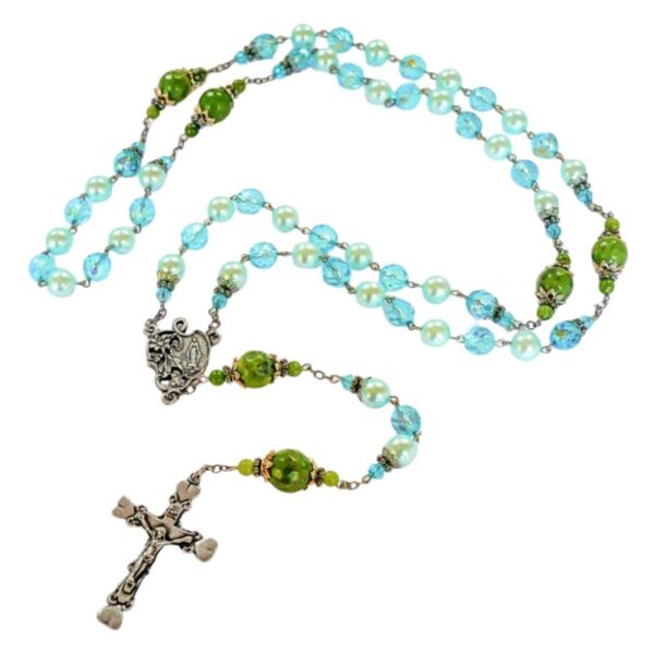 Handcrafted Irish rosary beads with Connemara Marble and calming blue beads, a prayerful gift of faith, tradition, and peace. Made in Ireland.
