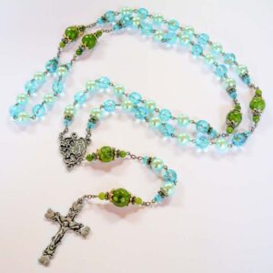 Handcrafted Irish rosary beads with Connemara Marble and calming blue beads, a prayerful gift of faith, tradition, and peace. Made in Ireland.