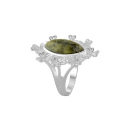 Embrace Irish heritage with our Silver Connemara Marble Marquise Cut Shamrock Ring. Handcrafted in sterling silver, featuring genuine Connemara marble.