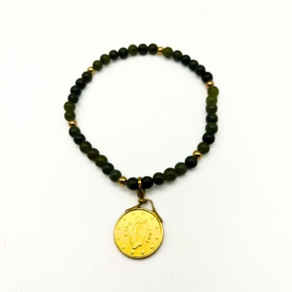 Lucky penny set of 4 Connemara Marble bracelets with gold tone over brass. Hand crafted in Ireland with a genuine Irish coin and our natural gemstone.