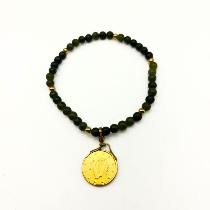 Lucky penny set of 4 Connemara Marble bracelets with gold tone over brass. Hand crafted in Ireland with a genuine Irish coin and our natural gemstone.
