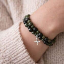 Silver St Brigid's Cross charm set with a set of 2 Connemara Marble green gemstone bracelets.