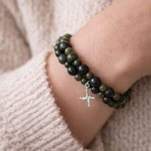 Silver St Brigid's Cross charm set with a set of 2 Connemara Marble green gemstone bracelets.