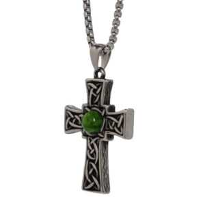 Viking-inspired Celtic Cross pendant with unique Connemara marble from Ireland. Classic Irish jewelry in stainless steel, strong chain, pouch & certificate.