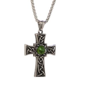 Viking-inspired Celtic Cross pendant with unique Connemara marble from Ireland. Classic Irish jewelry in stainless steel, strong chain, pouch & certificate.