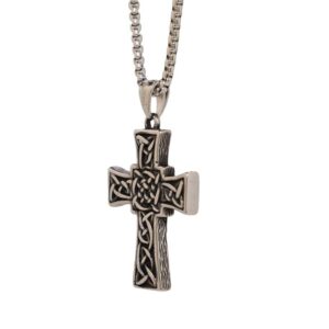 Viking-inspired Celtic Cross pendant with unique Connemara marble from Ireland. Classic Irish jewelry in stainless steel, strong chain, pouch & certificate.