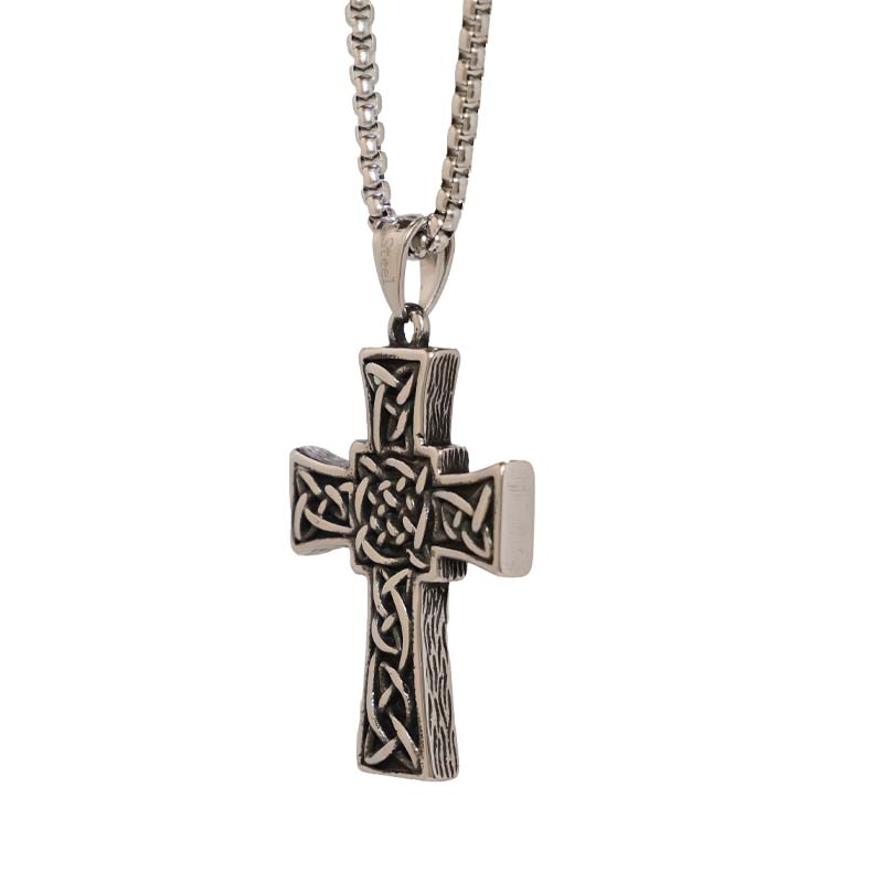 Viking-inspired Celtic Cross pendant with unique Connemara marble from Ireland. Classic Irish jewelry in stainless steel, strong chain, pouch & certificate.