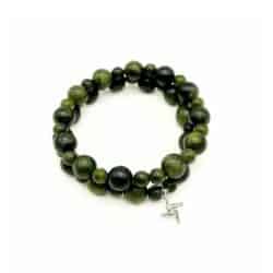 Silver St Brigid's Cross charm set with a set of 2 Connemara Marble green gemstone bracelets. Hand crafted in Ireland.