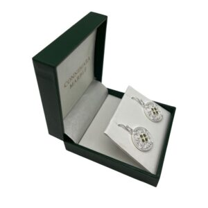 Viking shield silver tone Connemara Marble earrings with a shepherd's hook backing. Presented in a hinged gift box, part of our Special Event Sale.