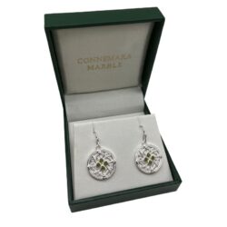 Viking shield silver tone Connemara Marble earrings with a shepherd's hook backing. Presented in a hinged gift box, part of our Special Event Sale.