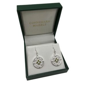 Viking shield silver tone Connemara Marble earrings with a shepherd's hook backing. Presented in a hinged gift box, part of our Special Event Sale.