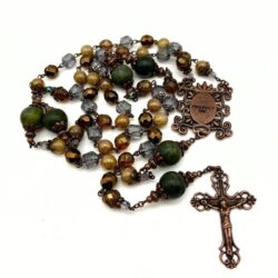 Irish rosary beads with Connemara Marble gemstone. St. Michael protect us at the heart of the antique tone hand crafted rosary.