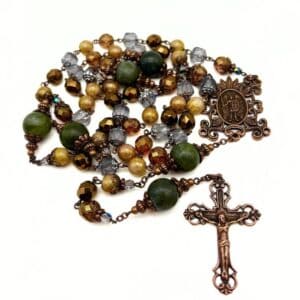 Irish rosary beads with Connemara Marble gemstone. St. Michael protect us at the heart of the antique tone hand crafted rosary.