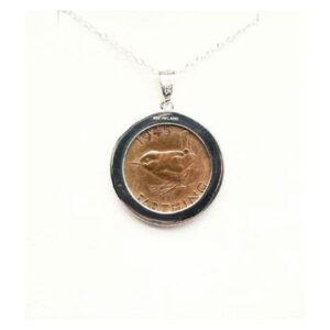 Sterling silver pendant featuring a genuine British Wren Farthing coin. A unique historical necklace perfect for collectors and nature lovers.
