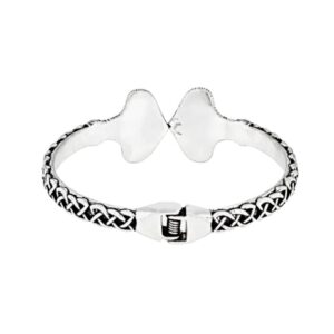 Silver tone Connemara Marble torc-style cuff bracelet with Celtic knot detailing. Unisex Irish design with hinged fit, timeless and meaningful.