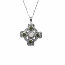 Hand crafted in Ireland our silver Celtic Cross pendant features natural Connemara Marble and Mother of Pearl. Real living history, deeply symbolic.