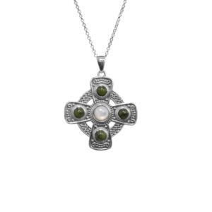 Hand crafted in Ireland our silver Celtic Cross pendant features natural Connemara Marble and Mother of Pearl. Real living history, deeply symbolic.