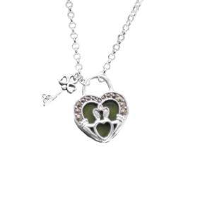 Sterling Silver Claddagh Lock & Key Heart Pendant with Connemara Marble. A timeless Irish symbol of love, loyalty & friendship. Perfect romantic gift.