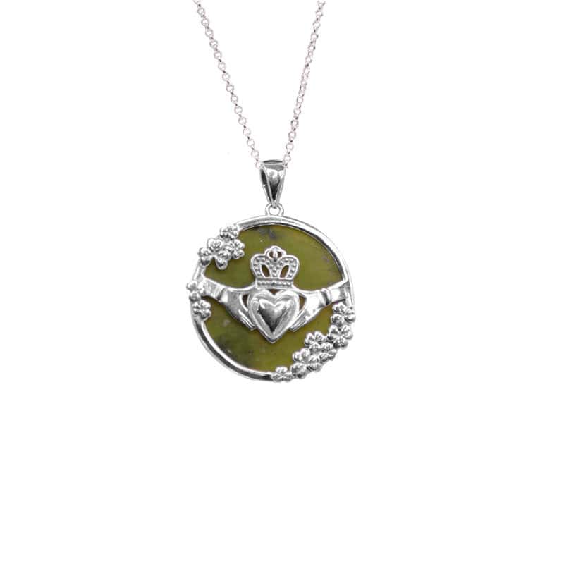 Silver Connemara marble Shamrock and Claddagh pendant necklace with 18" chain. Presented in a premium gift box with a certificate of authenticity.