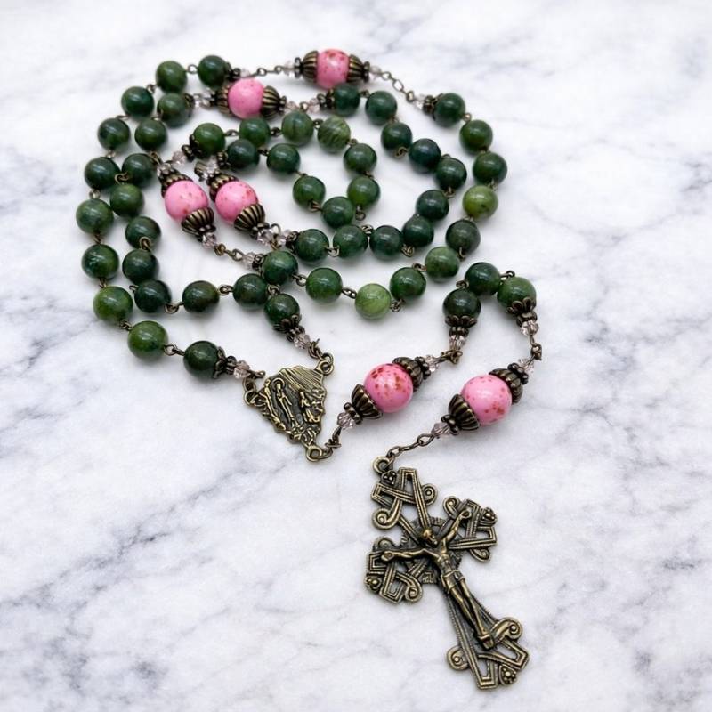 Our Lady Irish rosary beads are hand crafted in Ireland using the finest Connemara Marble. Combining natural beauty with spiritual strength.