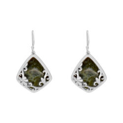 Shamrock earrings cut in a diamond shape. Genuine green, Connemara marble accentuated with a floral design in sterling silver. From Ireland.