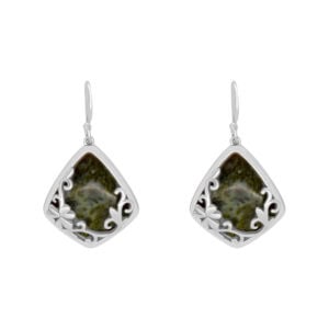 Shamrock earrings cut in a diamond shape. Genuine green, Connemara marble accentuated with a floral design in sterling silver. From Ireland.