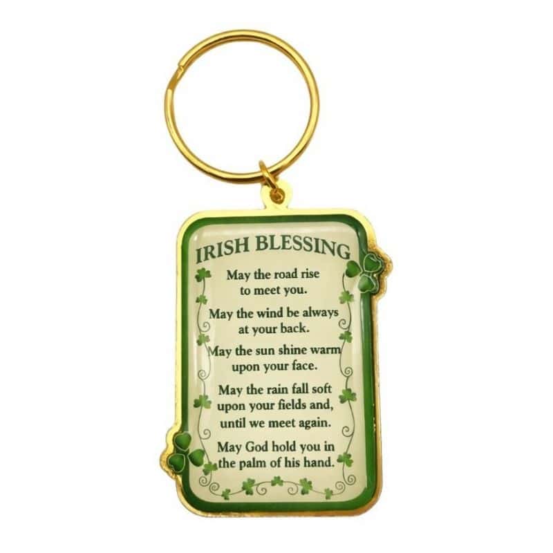 Carry a timeless Celtic prayer with this Irish Blessing key chain featuring lucky Irish shamrocks and a gold-tone finish—perfect as an Irish gift or meaningful keepsake.