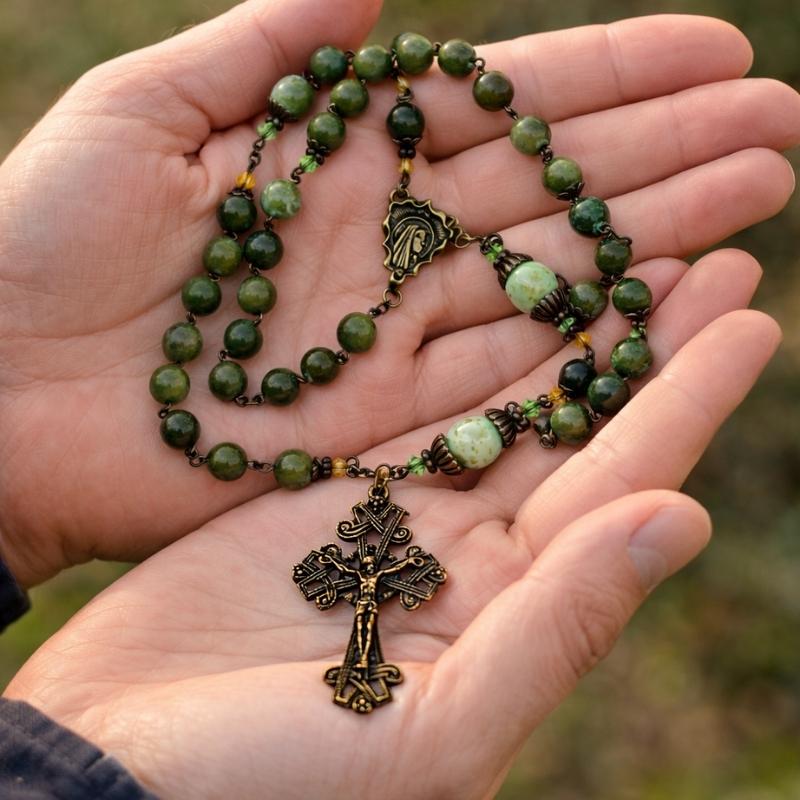 Our Lady Irish rosary beads are hand crafted in Ireland using the finest Connemara Marble. Combining natural beauty with spiritual strength.