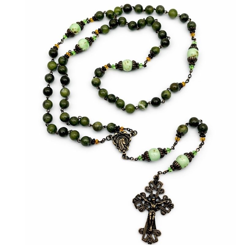 Our Lady Irish rosary beads are hand crafted in Ireland using the finest Connemara Marble. Combining natural beauty with spiritual strength.
