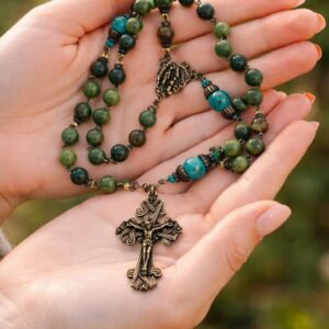 Our Lady Irish rosary beads are hand crafted in Ireland using the finest Connemara Marble. Combining natural beauty with spiritual strength.