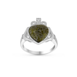 Connemara marble Claddagh ring is a partnership of 900 million year old green marble and hallmarked Irish sterling silver with a white topaz gemstone.