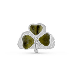 Silver Connemara Marble Ring. The lucky Irish Shamrock is the focus of this Celtic ring. Handcrafted in Ireland with natural marble and hallmarked silver.