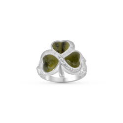 Silver Connemara Marble Ring. The lucky Irish Shamrock is the focus of this Celtic ring. Handcrafted in Ireland with natural marble and hallmarked silver.