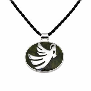 Sterling silver angel pendant with genuine Connemara marble on an 18" black cord. Beautifully gift boxed. Special Event piece.