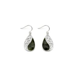 Connemara Marble shamrock earrings in a tear drop shape showcase an openwork of green Connemara Marble. Handcrafted in Ireland, presented gift boxed.