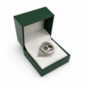 Handcrafted in Ireland sterling silver Tree of Life ring with genuine Connemara marble, Dublin Castle hallmark, gift box and certificate included.