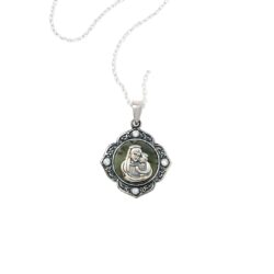 Discover this sterling silver Connemara marble pendant featuring a mother and child motif with sparkling cubic zirconia accents. Made in Ireland and gift boxed