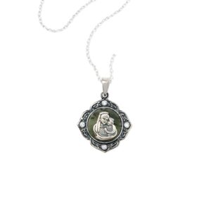 Discover this sterling silver Connemara marble pendant featuring a mother and child motif with sparkling cubic zirconia accents. Made in Ireland and gift boxed