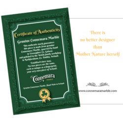 Certificate of Authenticity from Connemara Marble Jewelry. Hand crafted in Ireland with natural and unique gemstone.